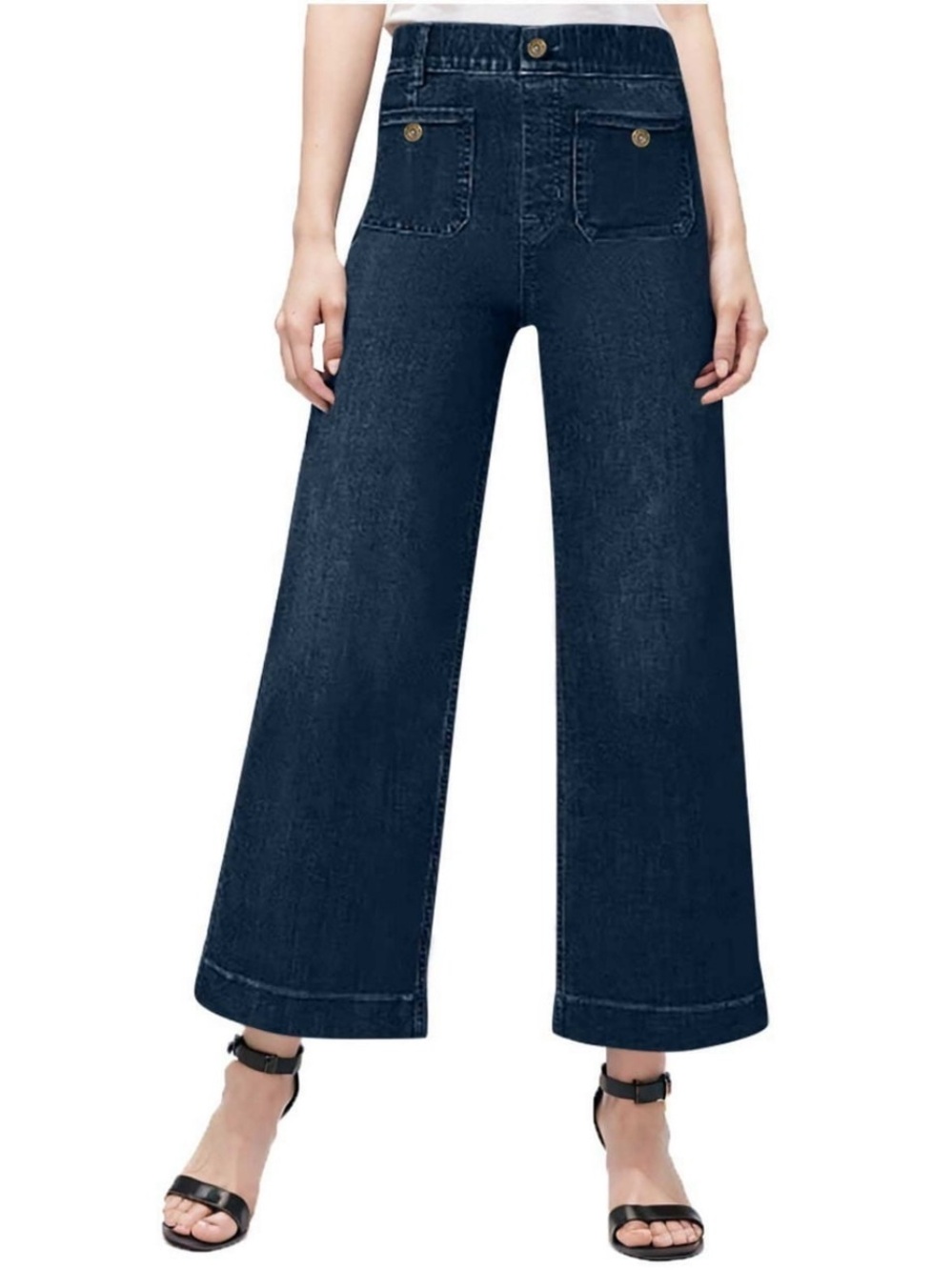 Dark Blue High-Rise Wide Leg Jeans with Front Patch Pockets